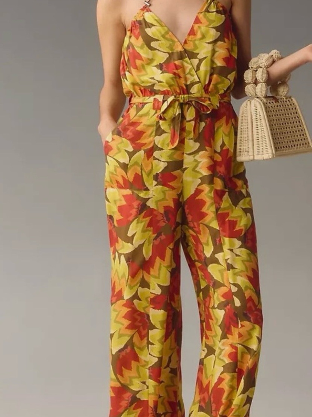 FARM Rio Multi-Color Floral Wrap Jumpsuit in Red, Yellow, Brown brand new